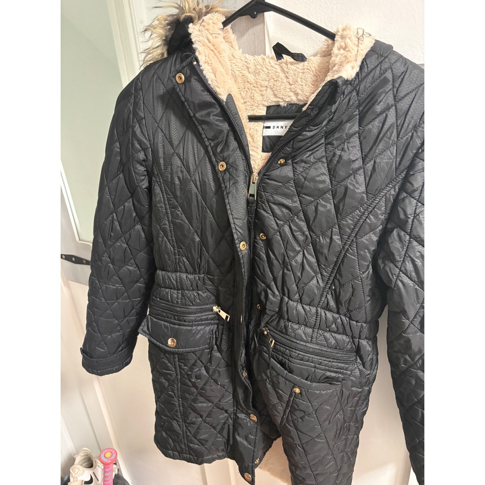 DKNY Sport Womens Black Quilted Puffer Jacket Faux Fur Lined Hooded Parka Coat